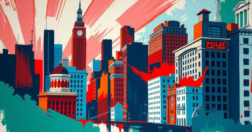 A symbolic representation of political tension in New York, featuring abstract urban landscapes and vibrant colors.