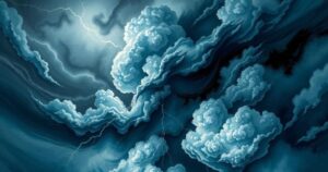 Weather system with dark clouds and lightning, depicting an area of disorganized storms in a dramatic, moody color scheme.