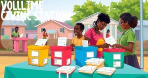 Visual representation of electoral process in Ghana's Ablekuma North, featuring ballots and a polling station.