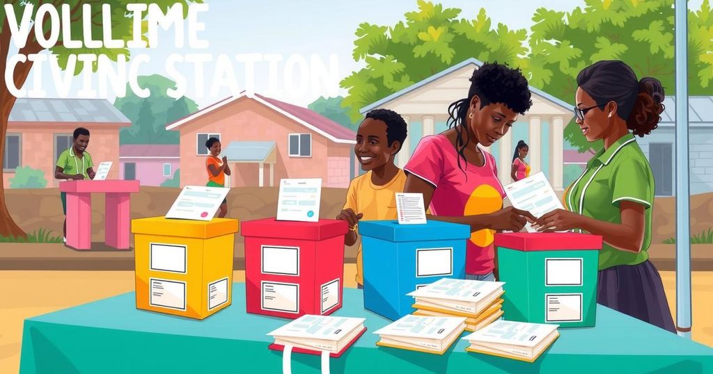 Visual representation of electoral process in Ghana's Ablekuma North, featuring ballots and a polling station.