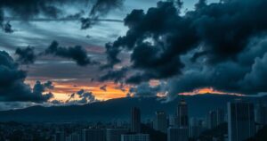 Dramatic skyline of Bogota with clouds, hinting at turmoil in diplomatic relations without showing people or flags.