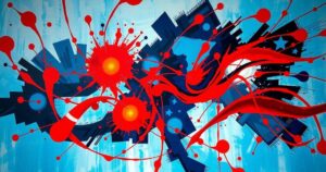 Abstract representation of global political landscape with unpredictable strategies, using bold colors.