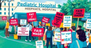 A pediatric hospital surrounded by supporters during a protest with colorful signs demanding fair wages for healthcare workers.