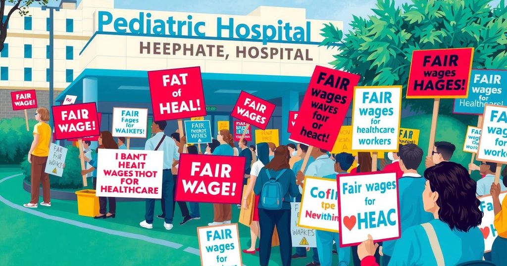 A pediatric hospital surrounded by supporters during a protest with colorful signs demanding fair wages for healthcare workers.