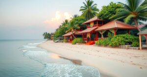 peaceful beach setting in Ghana with lush greenery and traditional elements embodying holistic wellness retreat concept