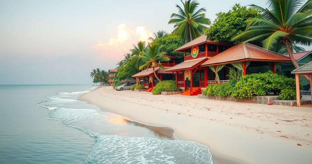 peaceful beach setting in Ghana with lush greenery and traditional elements embodying holistic wellness retreat concept