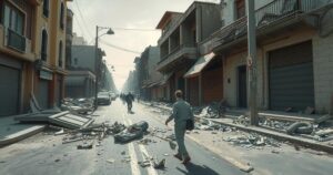 A desolate street scene showing aftermath of protests with damaged buildings and scattered debris in muted colors.