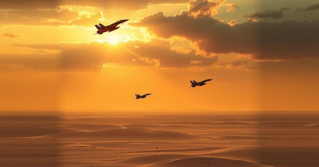 A dramatic landscape showing a tense military atmosphere with silhouettes of fighter jets over a desert backdrop.