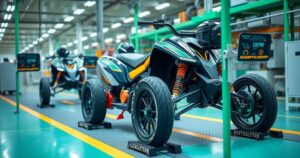 Electric quadricycle in a manufacturing setting symbolizing innovation and sustainability in Morocco.