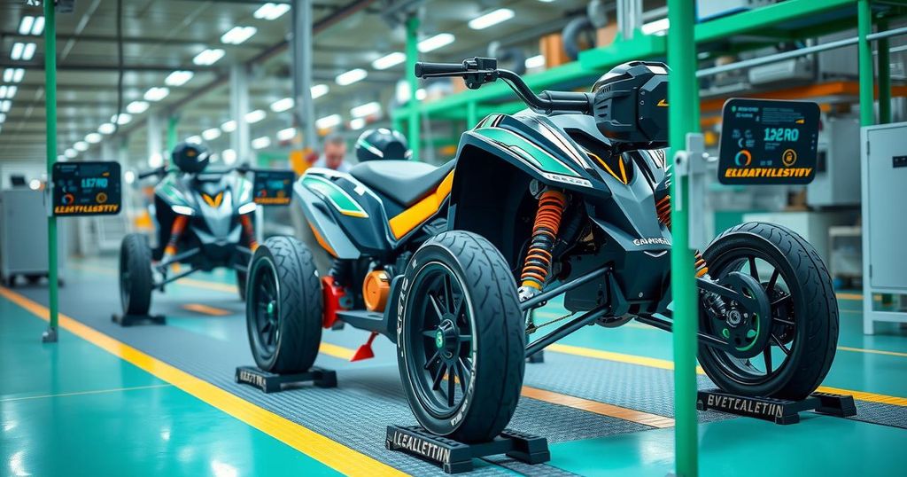 Electric quadricycle in a manufacturing setting symbolizing innovation and sustainability in Morocco.