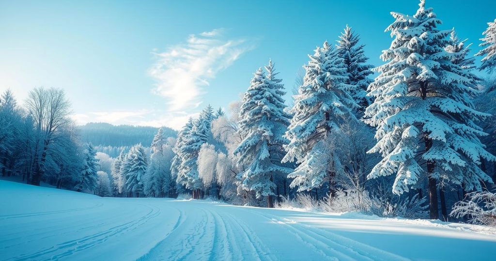 Polar landscape with snow, icy trees, and chilly atmosphere representing record cold in South America.