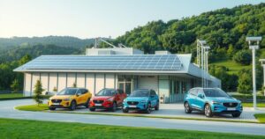 Detailed rendering of a modern electric vehicle factory with sleek architecture among natural landscapes.
