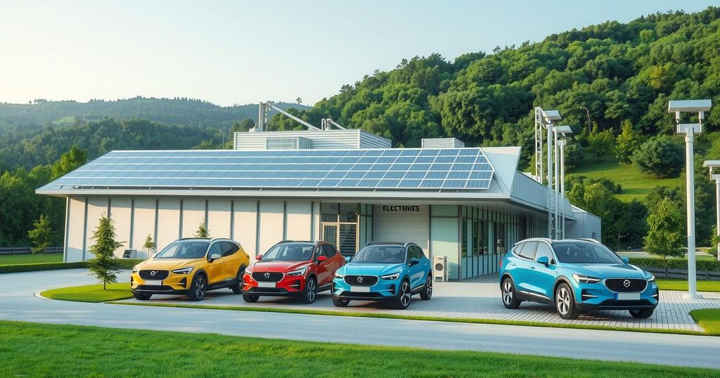 Detailed rendering of a modern electric vehicle factory with sleek architecture among natural landscapes.