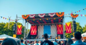 An outdoor festival stage under a clear blue sky with vibrant festival decorations and musical instruments.