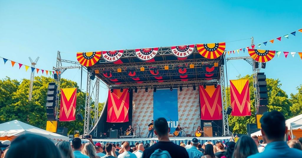 An outdoor festival stage under a clear blue sky with vibrant festival decorations and musical instruments.