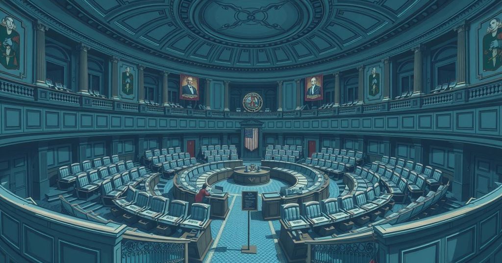 A symbolic representation of a government debate with currency and scales balancing costs and benefits.