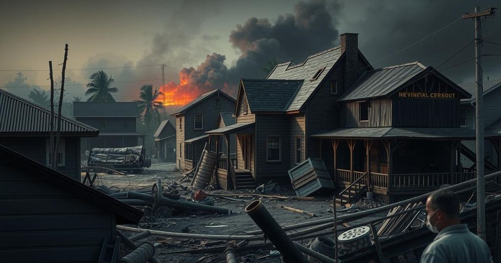 Destruction after a fire in a Grenadian neighborhood with burnt structures and debris.