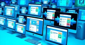 A busy digital landscape with website screens showing surges in activity, reflecting political engagement.