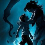 A tense scene depicting a mother and son confrontation over witchcraft beliefs, with a dark and moody color scheme.