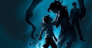 A tense scene depicting a mother and son confrontation over witchcraft beliefs, with a dark and moody color scheme.