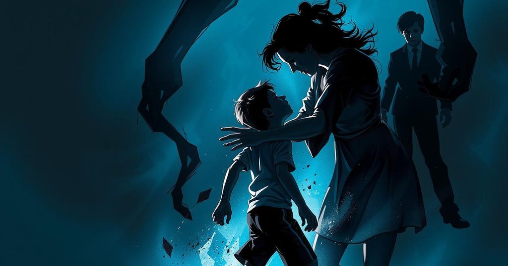A tense scene depicting a mother and son confrontation over witchcraft beliefs, with a dark and moody color scheme.
