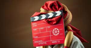 A film clapboard with a turban on top, surrounded by symbols of cinema and cultural representation.
