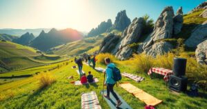 Vibrant landscape of rocky outcrops and farmland, showcasing an adventurous outdoor hiking scene with music and vendors.