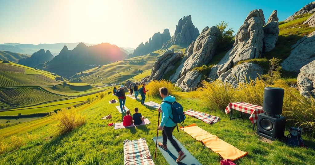 Vibrant landscape of rocky outcrops and farmland, showcasing an adventurous outdoor hiking scene with music and vendors.