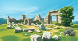 A serene landscape of an ancient archaeological site with a clear blue sky and ruins among lush greenery.