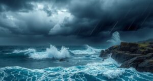 A stormy coastal landscape in Samoa, showcasing heavy clouds and turbulent waters infused with deep blues and greys.
