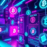 A digital art piece depicting a dark web scene, colorful neon hues with abstract cryptocurrency symbols and scam elements.