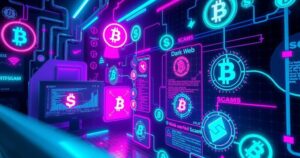 A digital art piece depicting a dark web scene, colorful neon hues with abstract cryptocurrency symbols and scam elements.