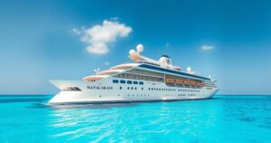 A serene cruise ship sailing in calm waters under a clear sky, symbolizing luxury travel and adventure.