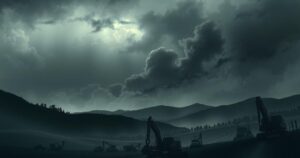 A dark, moody landscape with construction machinery and military equipment silhouetted against a stormy sky.