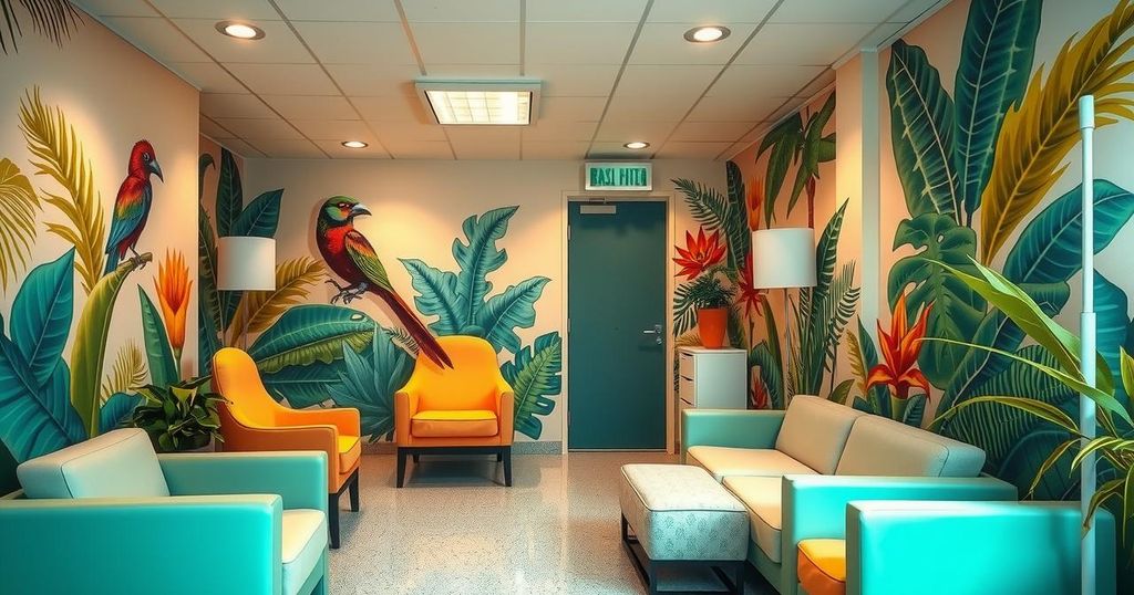 Colorful depiction of a Brazilian maternity hospital with welcoming environment and diverse landscapes.