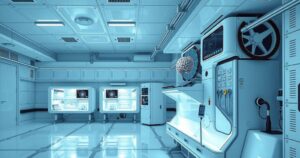 A high-tech brain research lab filled with advanced equipment, futuristic design, and soft blue lighting.