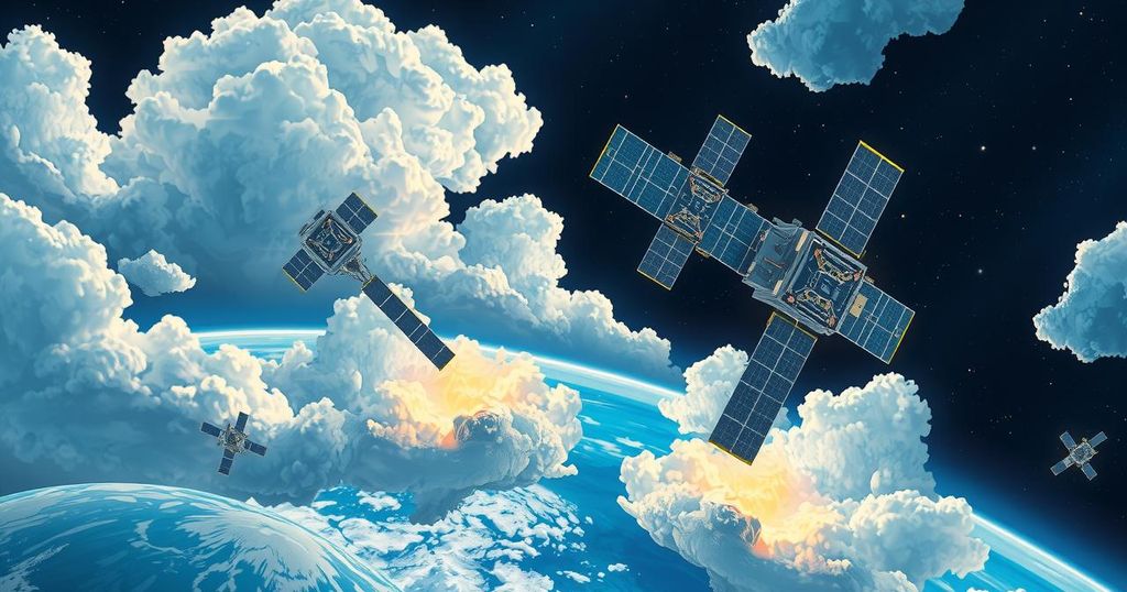 A satellite design with clusters of thunderstorms in color, illustrating meteorology and hurricane tracking.