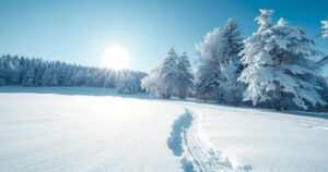 A snowy landscape in South America with icy trees and a clear blue sky, depicting winter's chill.