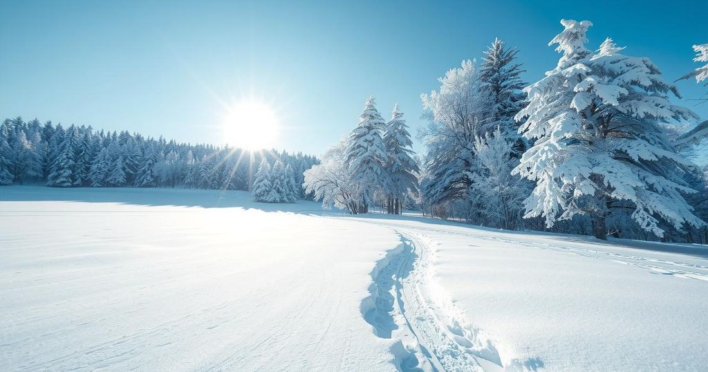 A snowy landscape in South America with icy trees and a clear blue sky, depicting winter's chill.